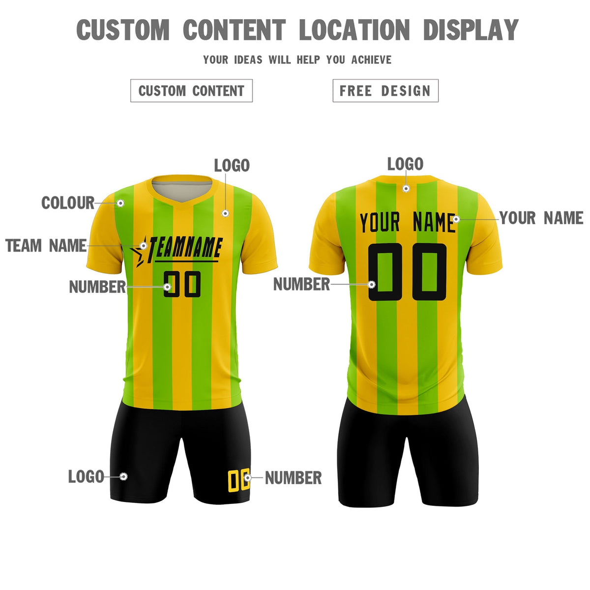Custom Gold Neon Green Vertical Stripes Casual Outdoor Football Kits Jersey
