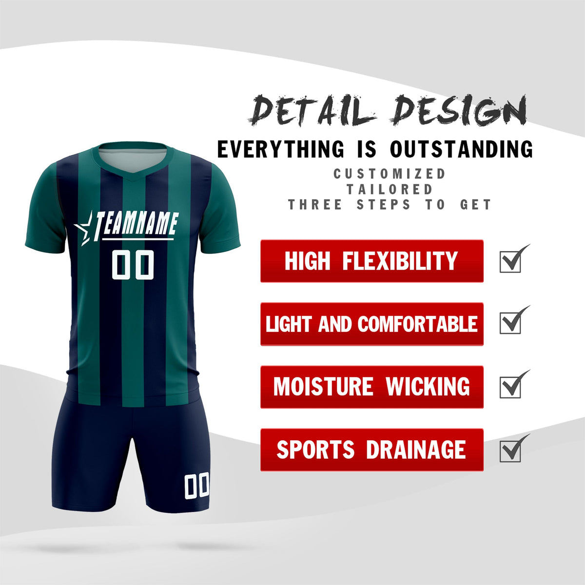 Custom Aqua Navy Vertical Stripes Casual Outdoor Football Kits Jersey