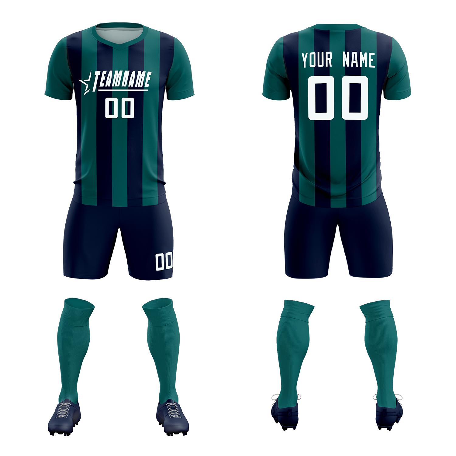 Custom Aqua Navy Vertical Stripes Casual Outdoor Football Kits Jersey