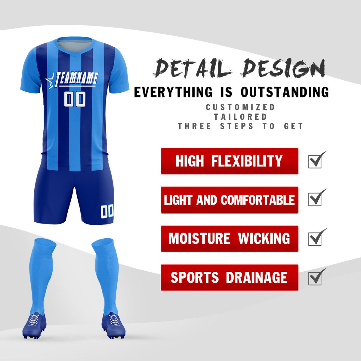 Custom Powder Blue Royal Vertical Stripes Casual Outdoor Football Kits Jersey