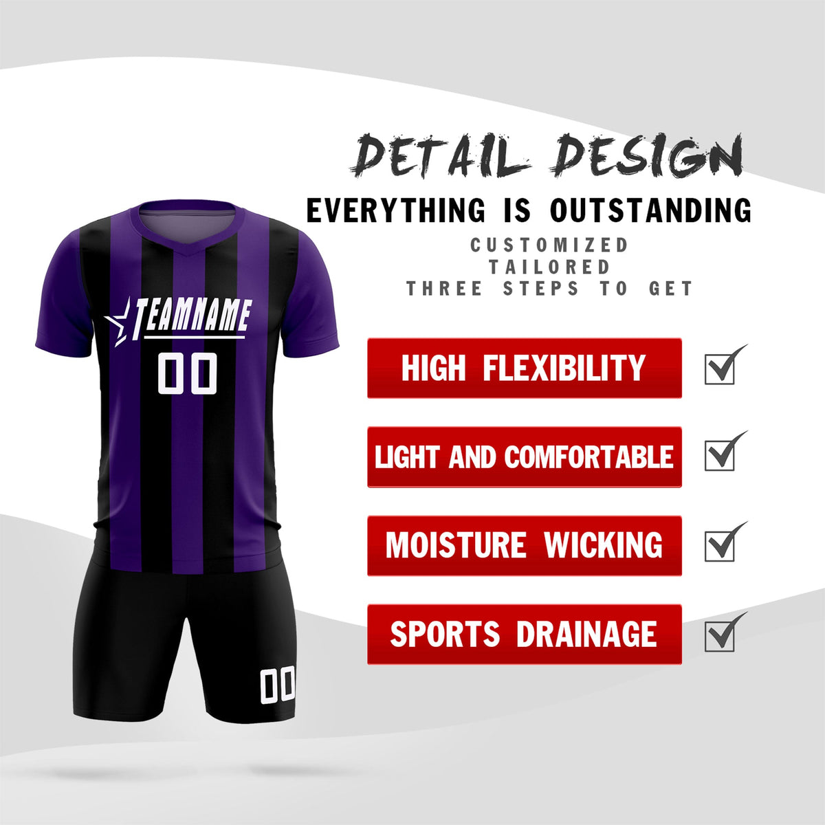Custom Purple Black Vertical Stripes Casual Outdoor Football Kits Jersey