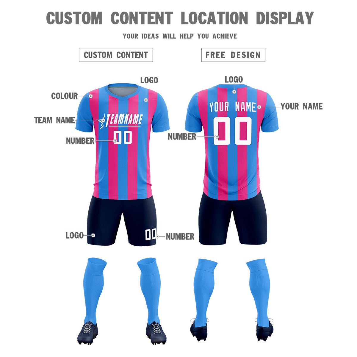 Custom Powder Blue Pink Vertical Stripes Casual Outdoor Football Kits Jersey