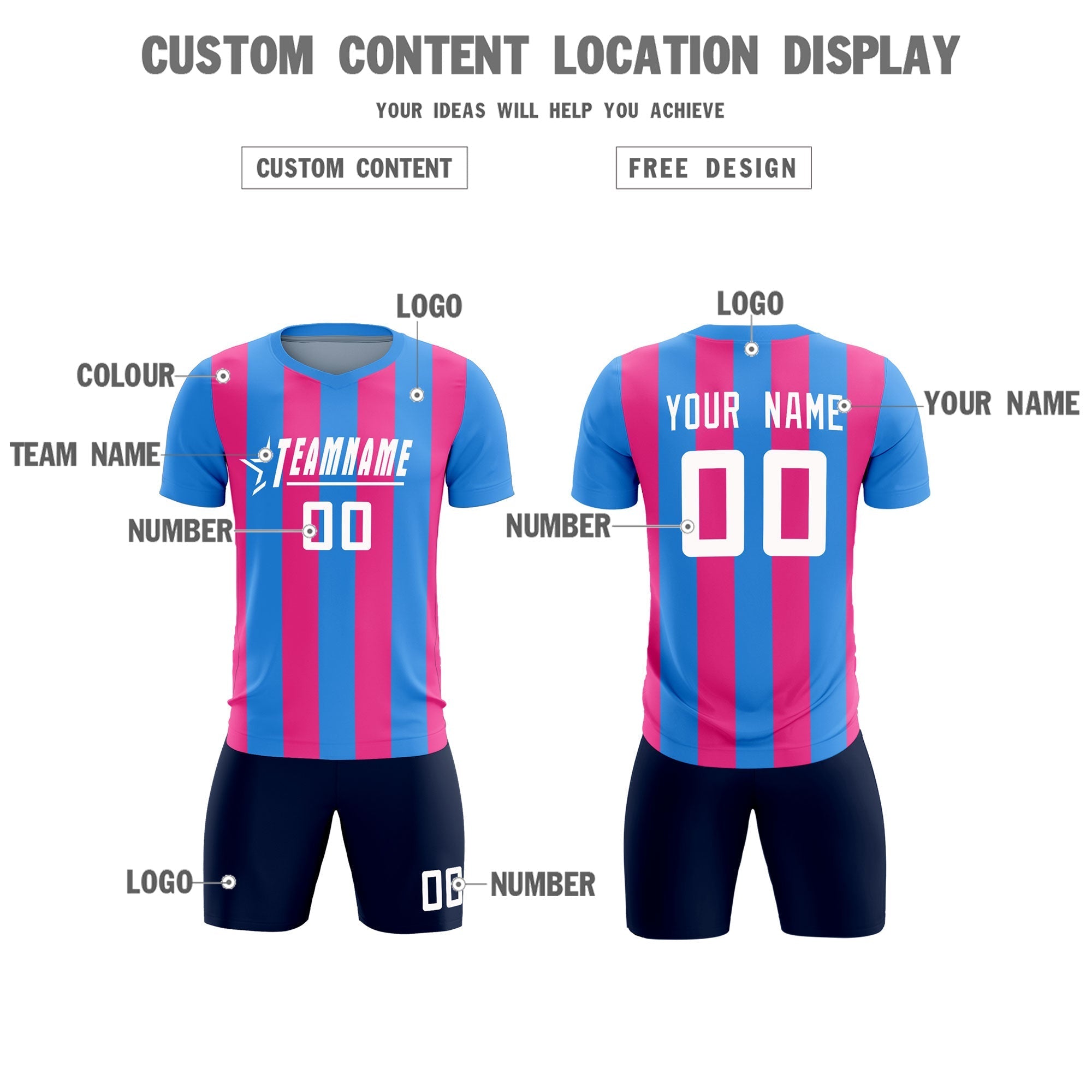 Custom Powder Blue Pink Vertical Stripes Casual Outdoor Football Kits Jersey