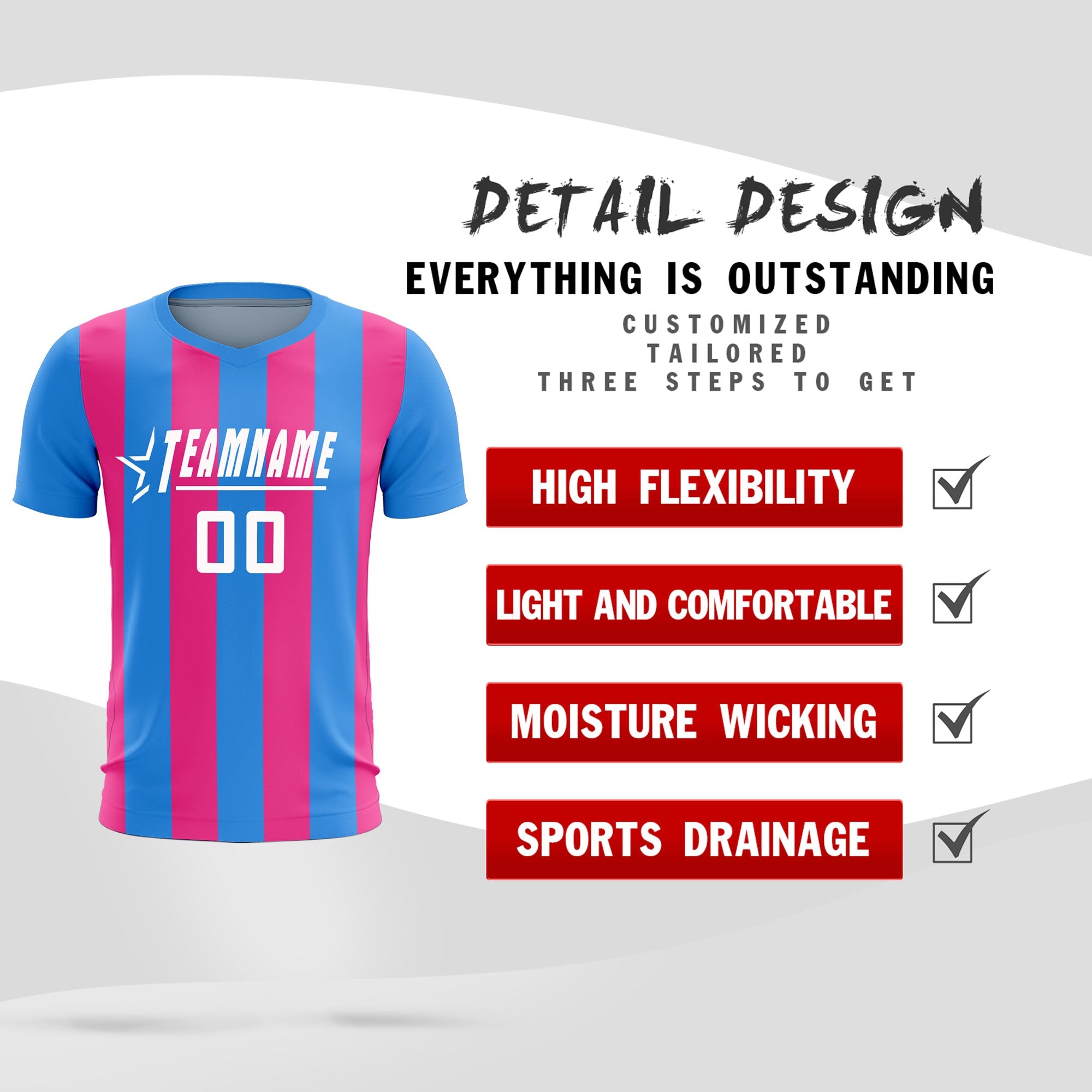 Custom Powder Blue Pink Vertical Stripes Casual Outdoor Football Kits Jersey