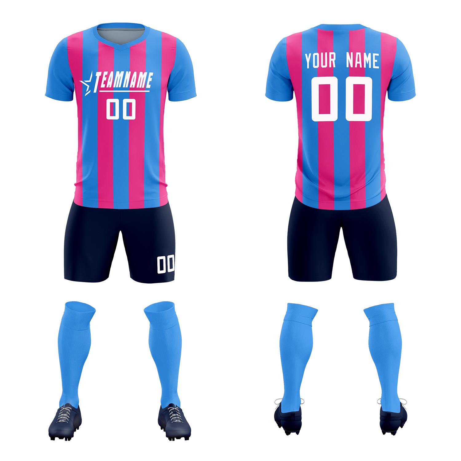 Custom Powder Blue Pink Vertical Stripes Casual Outdoor Football Kits Jersey