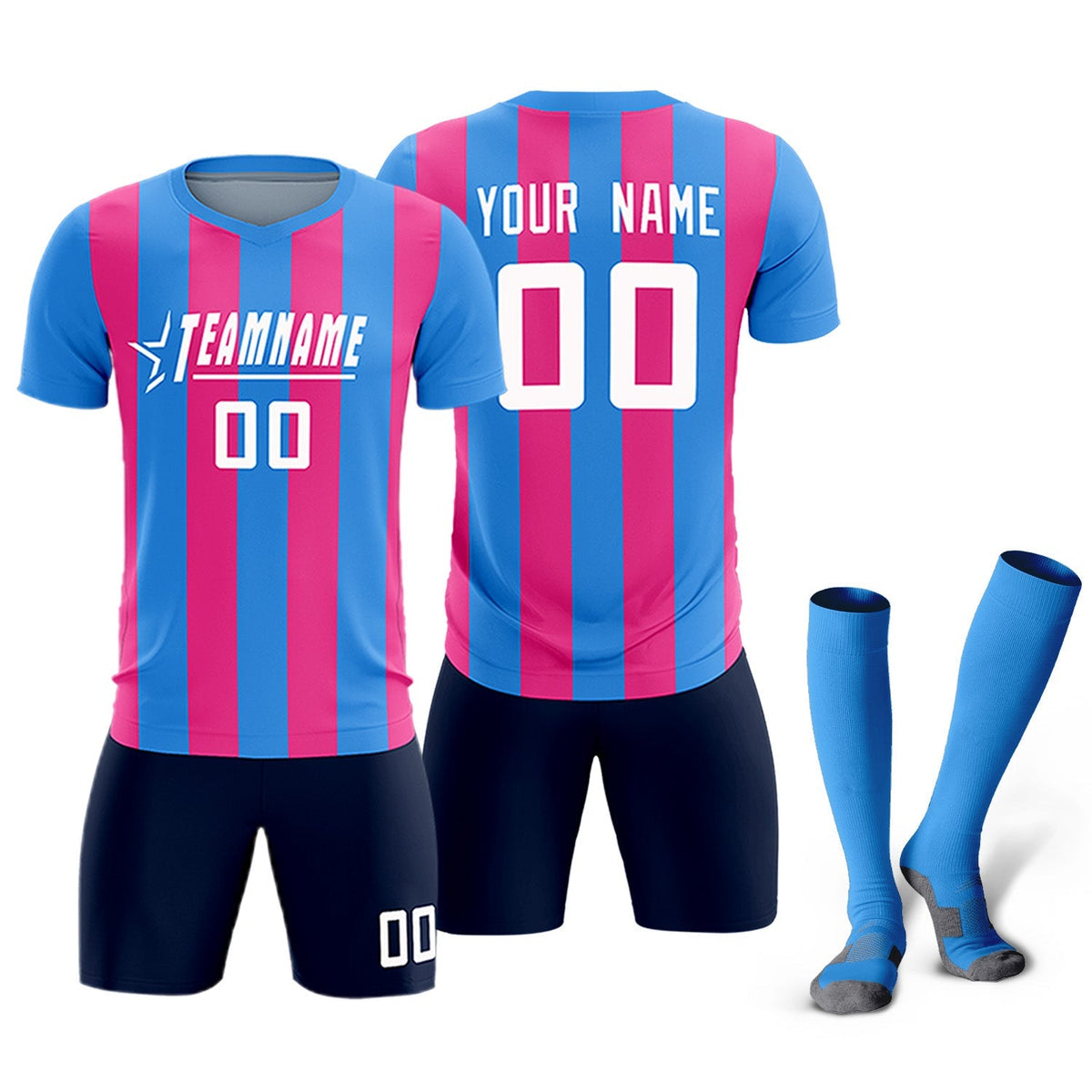 Custom Powder Blue Pink Vertical Stripes Casual Outdoor Football Kits Jersey