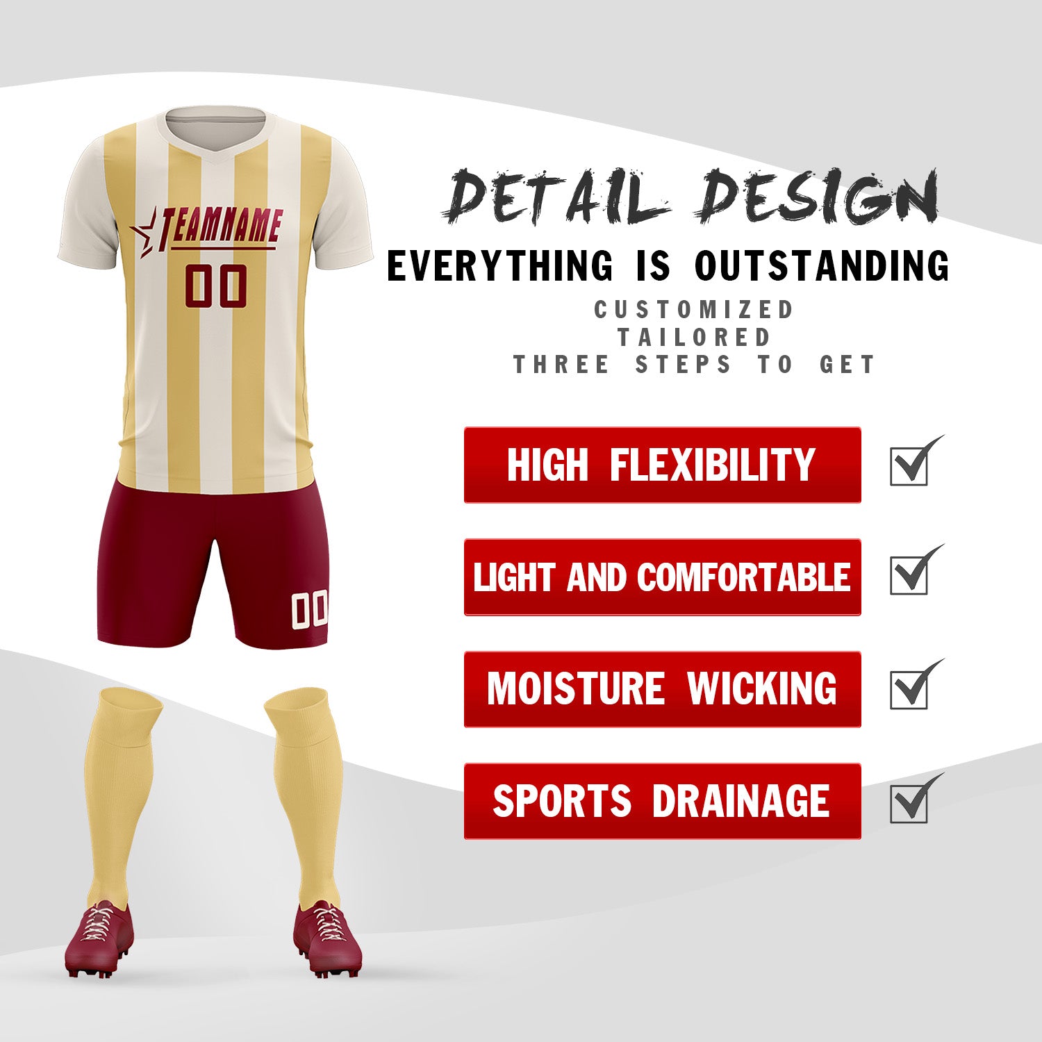 Custom Cream Khaki Vertical Stripes Casual Outdoor Football Kits Jersey