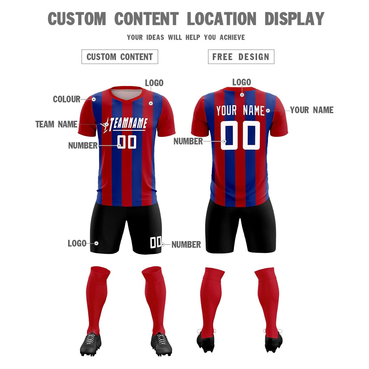 Custom Red Royal Vertical Stripes Casual Outdoor Football Kits Jersey