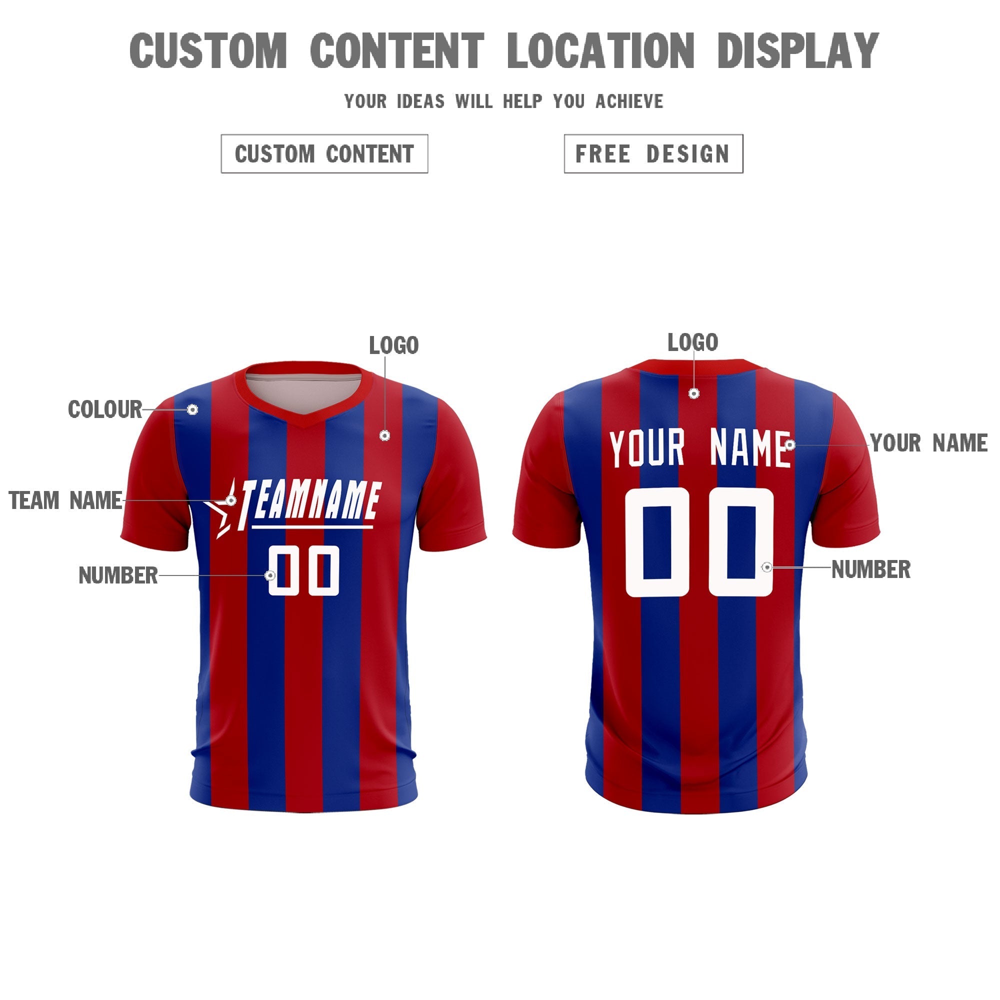 Custom Red Royal Vertical Stripes Casual Outdoor Football Kits Jersey