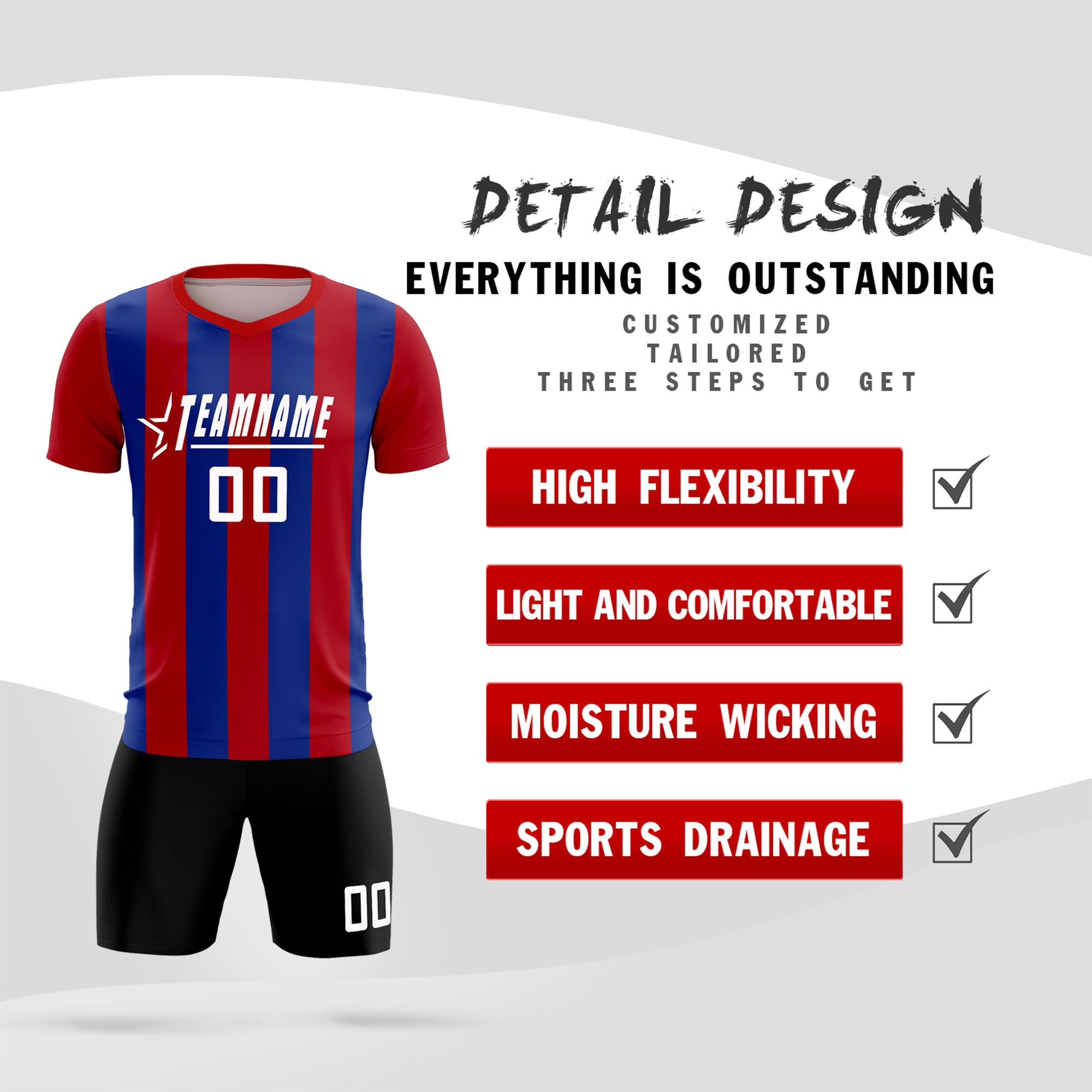 Custom Red Royal Vertical Stripes Casual Outdoor Football Kits Jersey