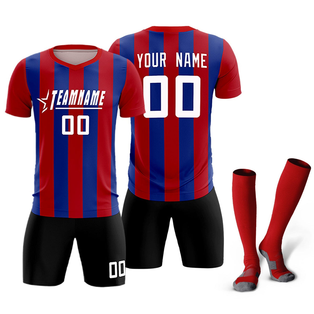 Custom Red Royal Vertical Stripes Casual Outdoor Football Kits Jersey
