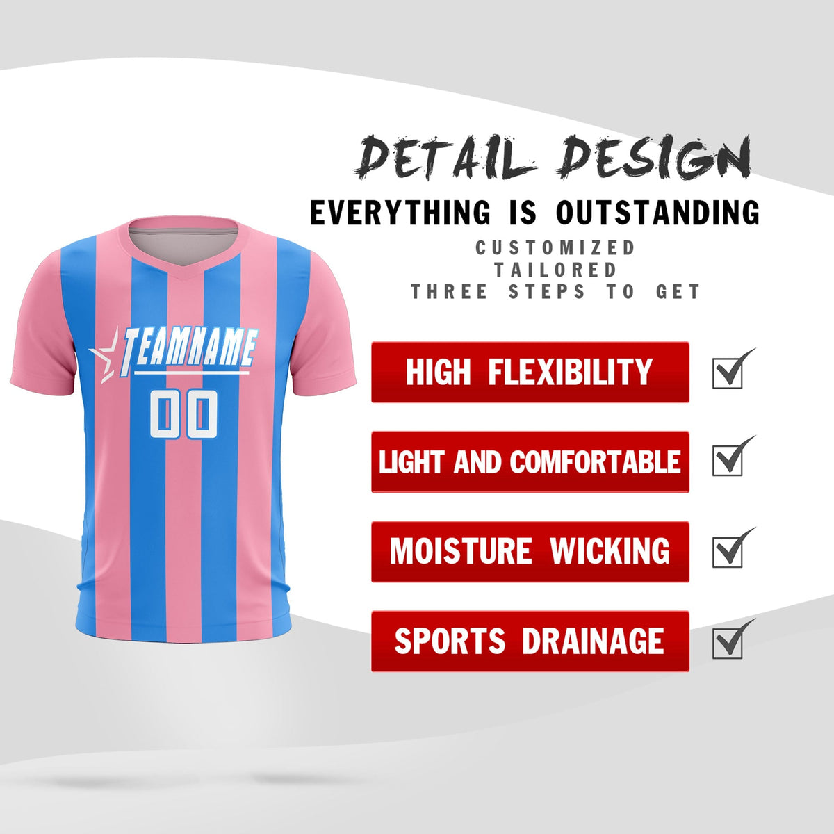 Custom Light Pink Powder Blue Vertical Stripes Casual Outdoor Football Kits Jersey