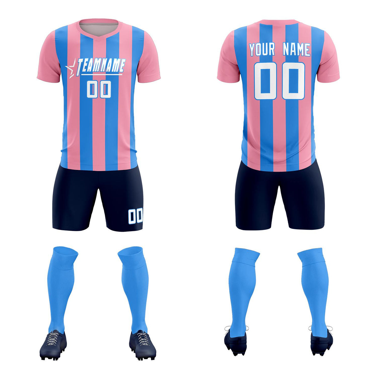 Custom Light Pink Powder Blue Vertical Stripes Casual Outdoor Football Kits Jersey