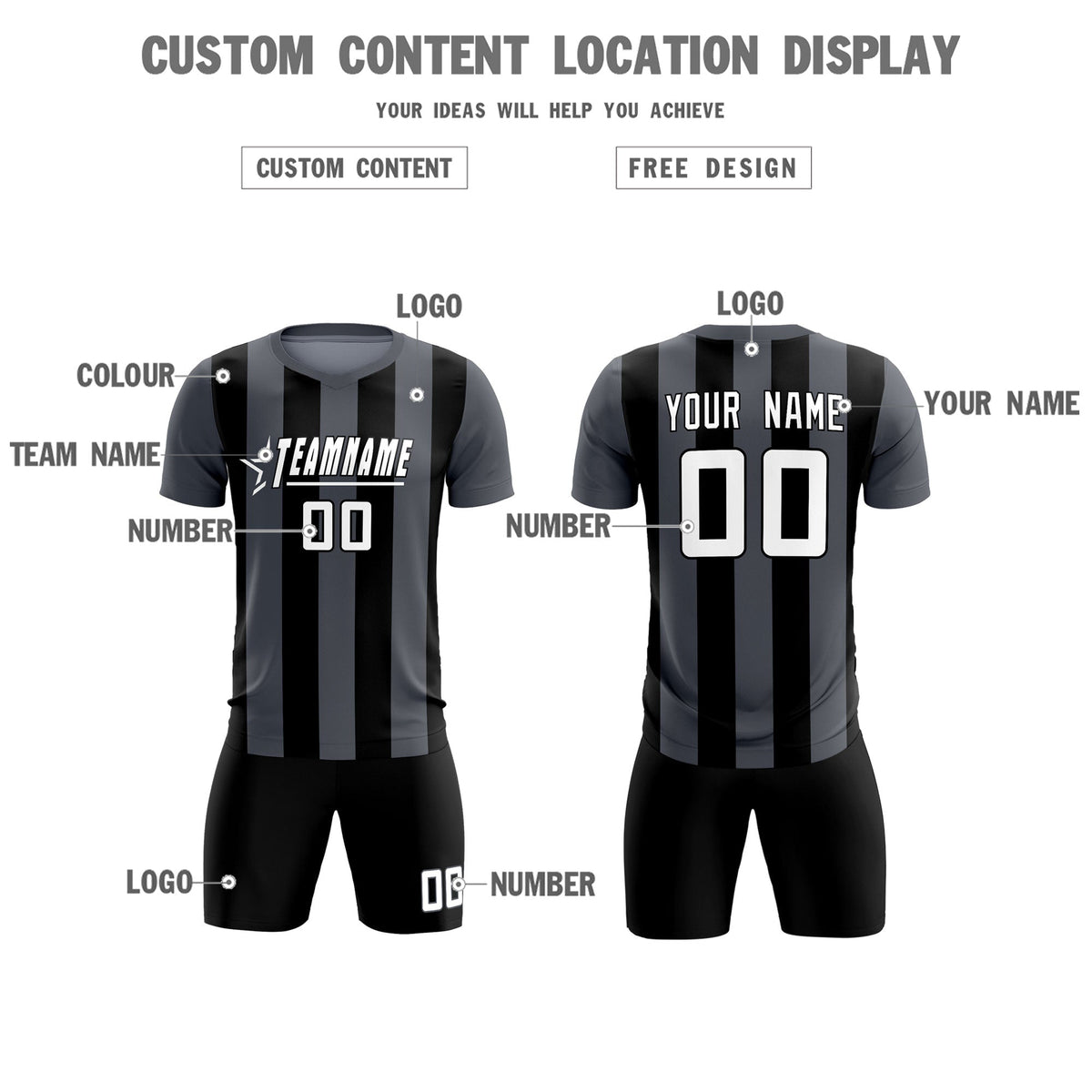 Custom Dark Gray Black Vertical Stripes Casual Outdoor Football Kits Jersey