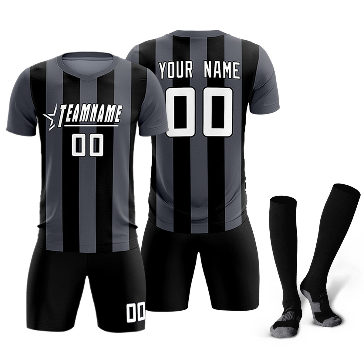 Custom Dark Gray Black Vertical Stripes Casual Outdoor Football Kits Jersey