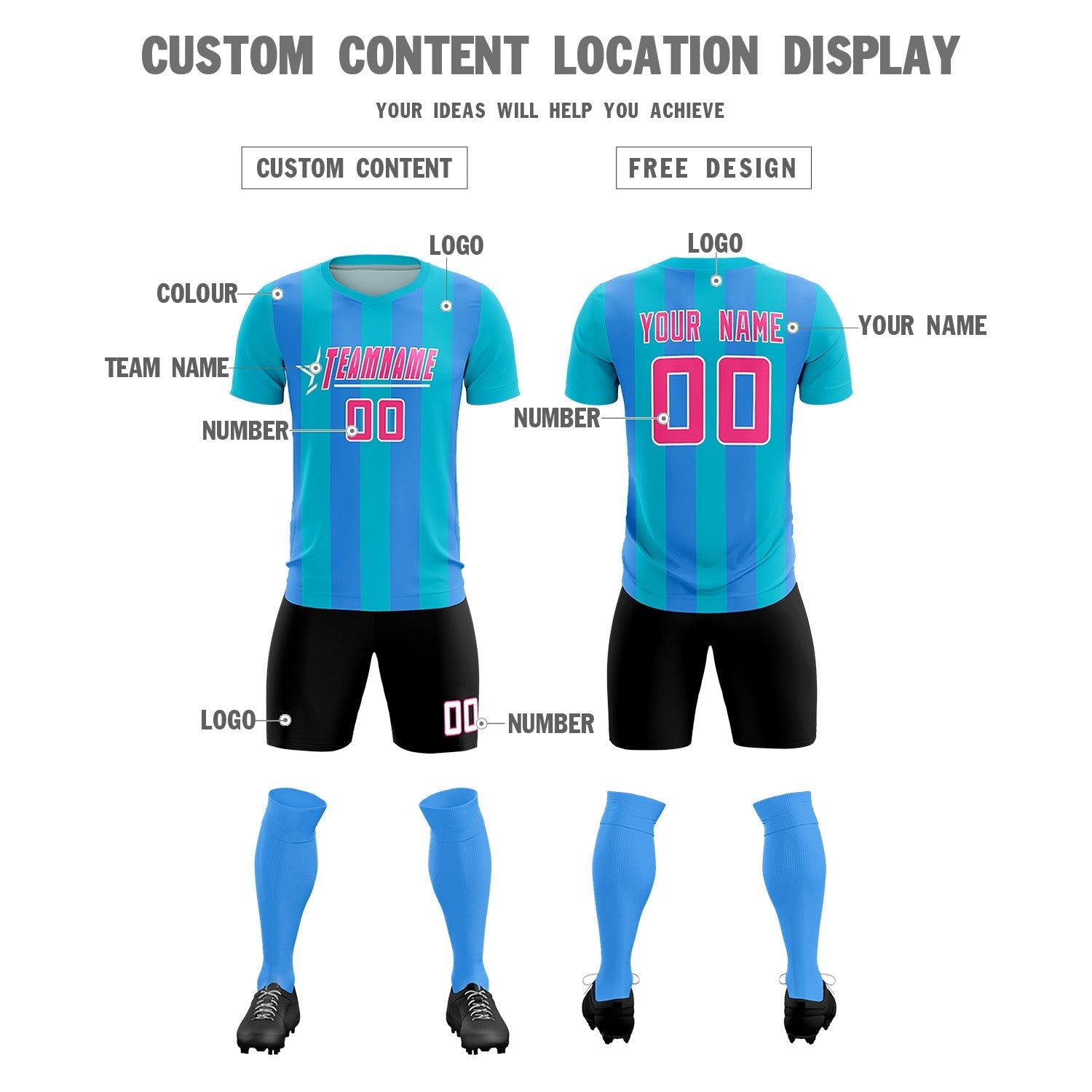 Custom Sky Blue Powder Blue Vertical Stripes Casual Outdoor Football Kits Jersey