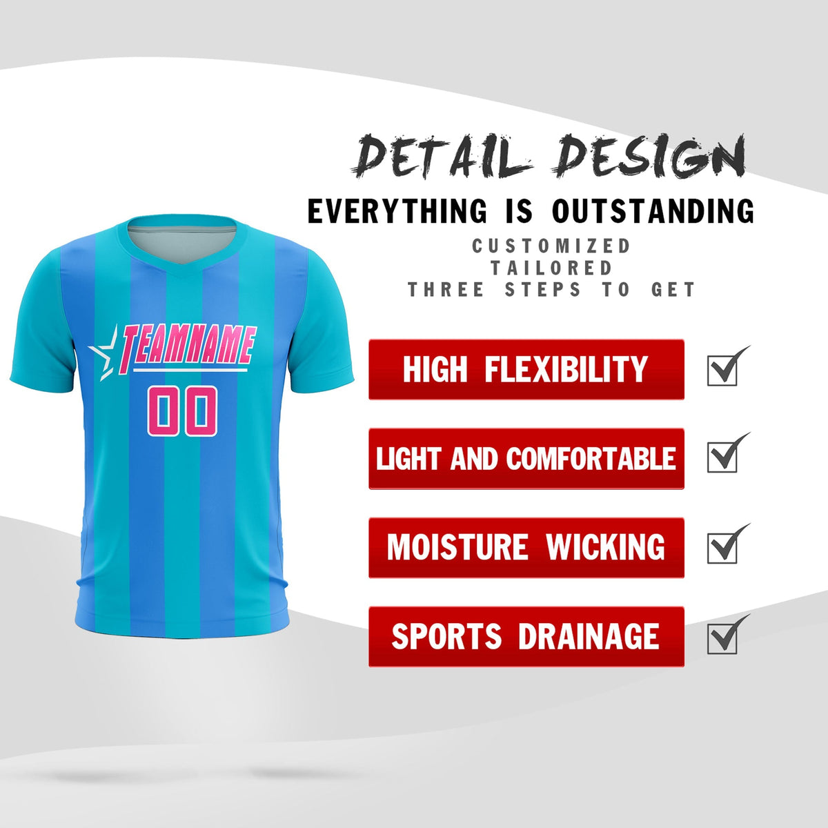 Custom Sky Blue Powder Blue Vertical Stripes Casual Outdoor Football Kits Jersey