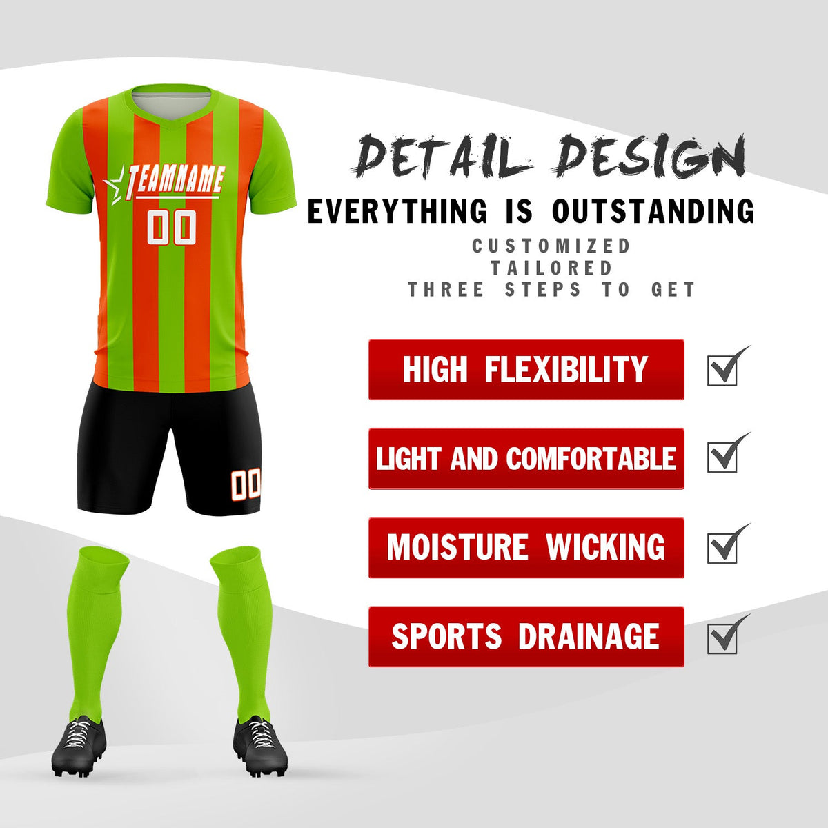Custom Neon Green Orange Vertical Stripes Casual Outdoor Football Kits Jersey
