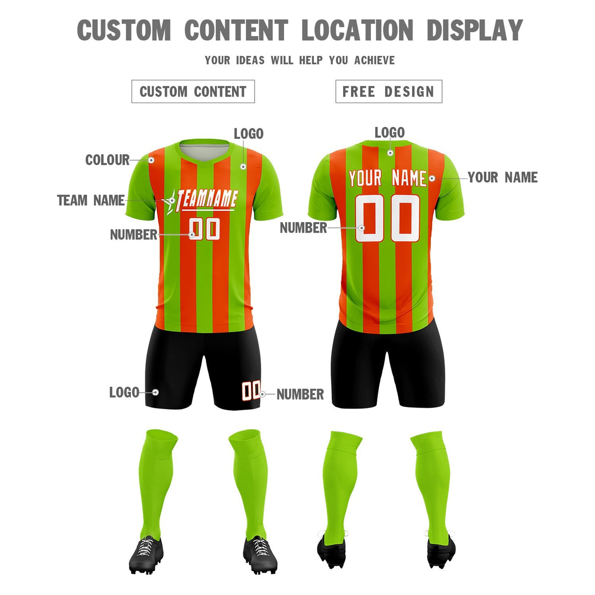 Custom Neon Green Orange Vertical Stripes Casual Outdoor Football Kits Jersey