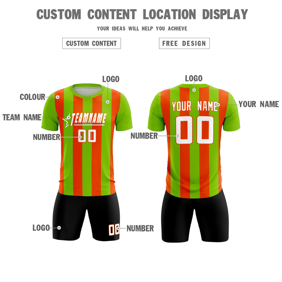 Custom Neon Green Orange Vertical Stripes Casual Outdoor Football Kits Jersey