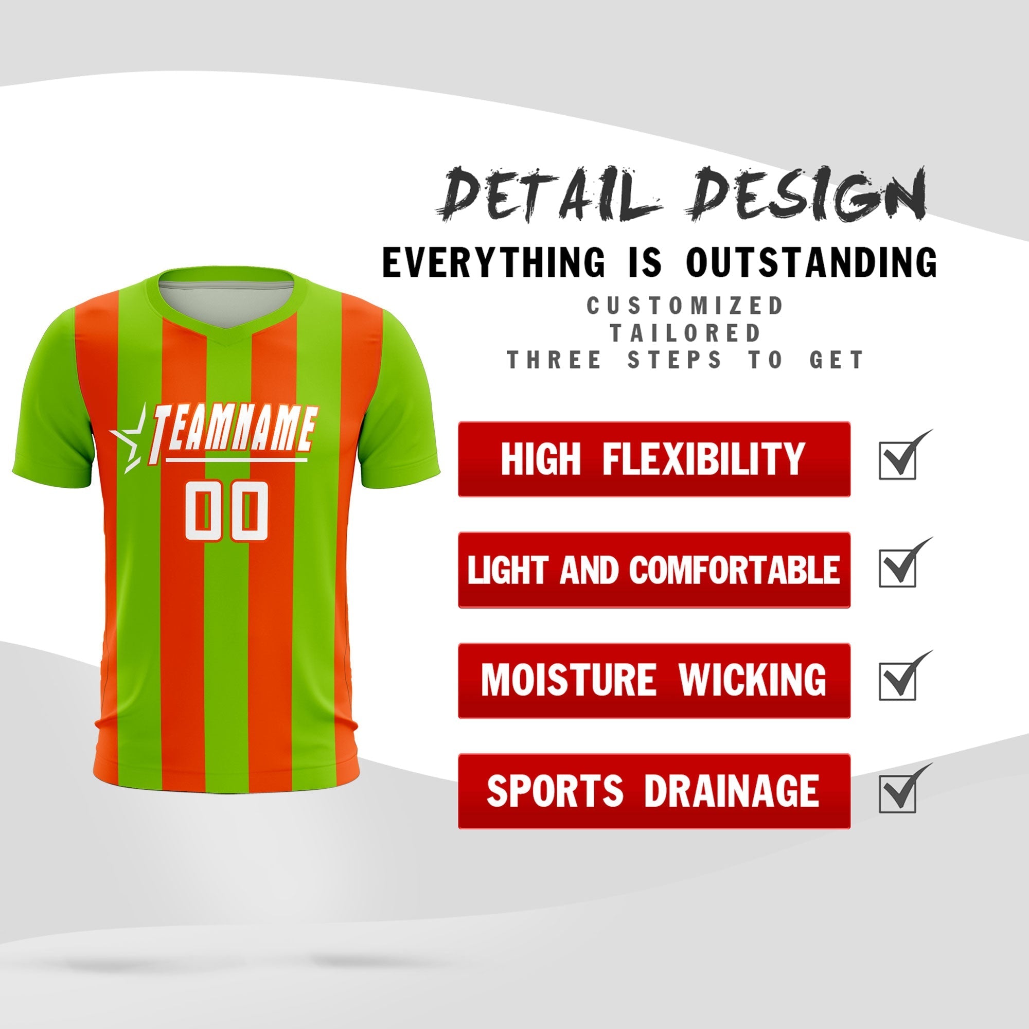 Custom Neon Green Orange Vertical Stripes Casual Outdoor Football Kits Jersey