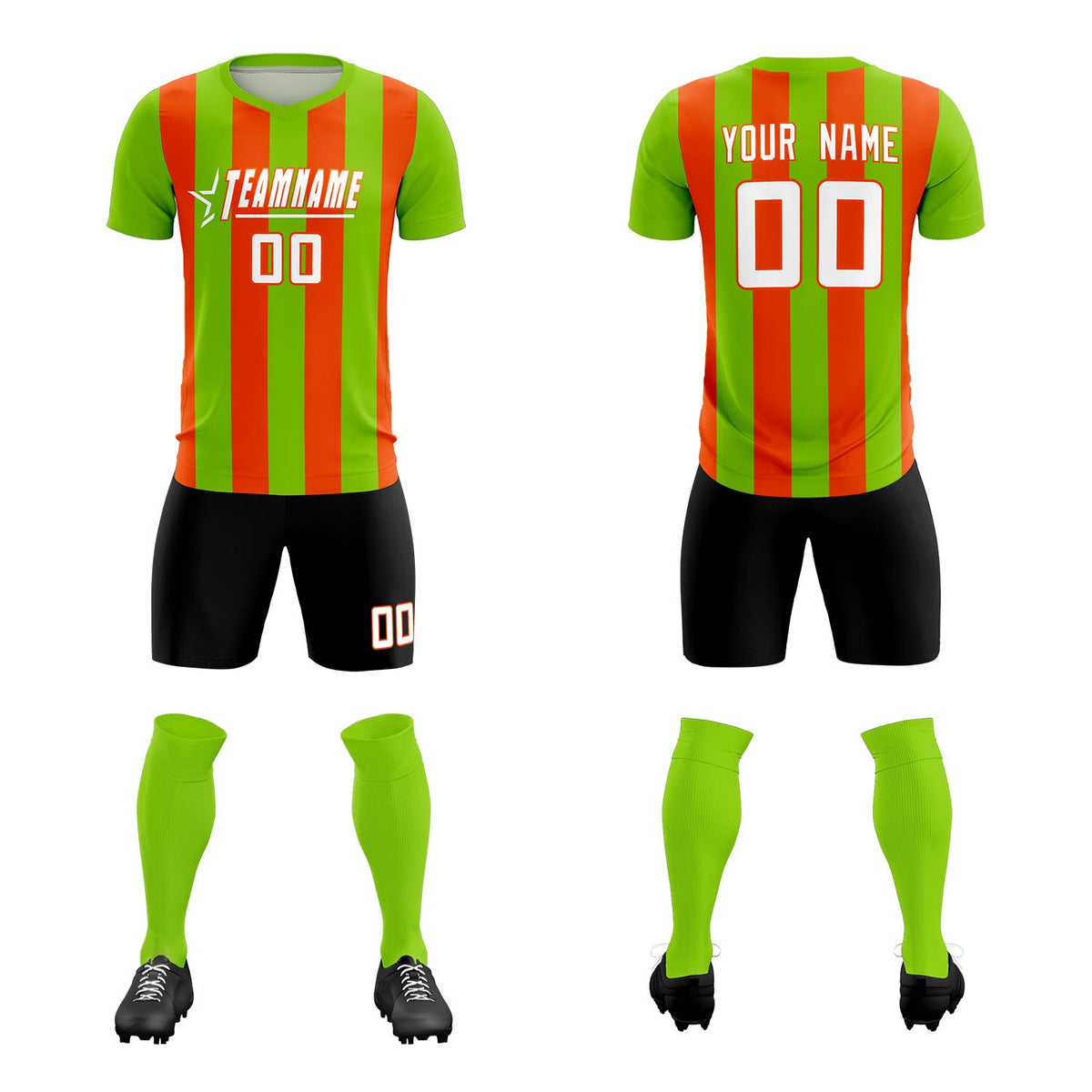 Custom Neon Green Orange Vertical Stripes Casual Outdoor Football Kits Jersey
