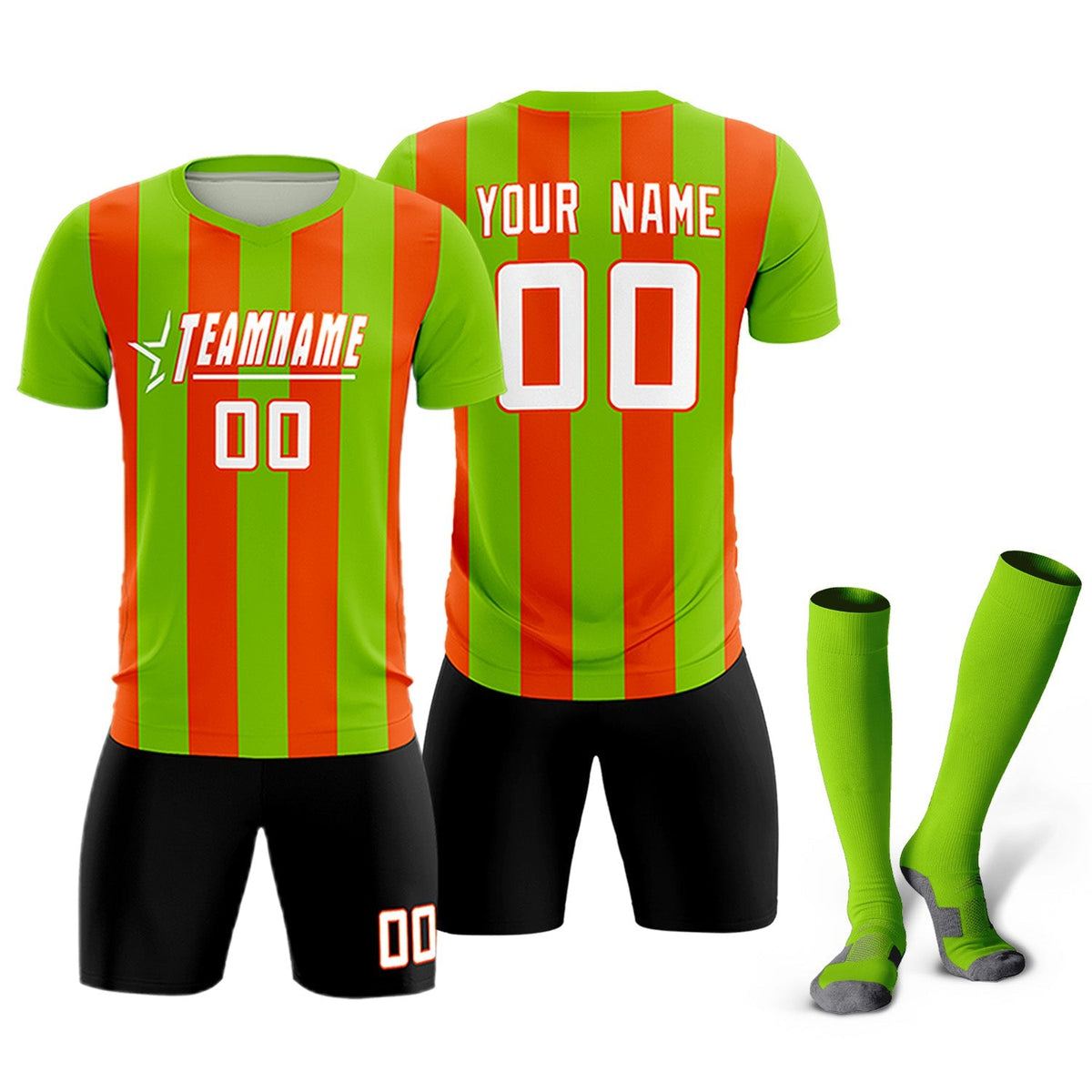 Custom Neon Green Orange Vertical Stripes Casual Outdoor Football Kits Jersey