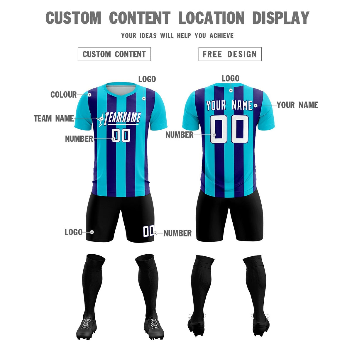 Custom Sky Blue Royal Vertical Stripes Casual Outdoor Football Kits Jersey