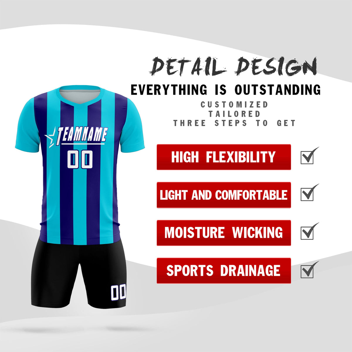 Custom Sky Blue Royal Vertical Stripes Casual Outdoor Football Kits Jersey