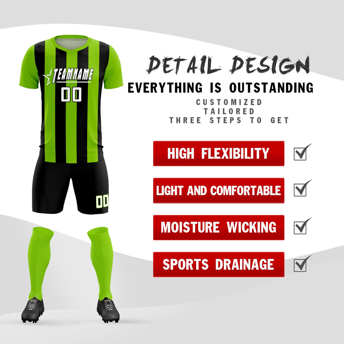 Custom Neon Green Black Vertical Stripes Casual Outdoor Football Kits Jersey