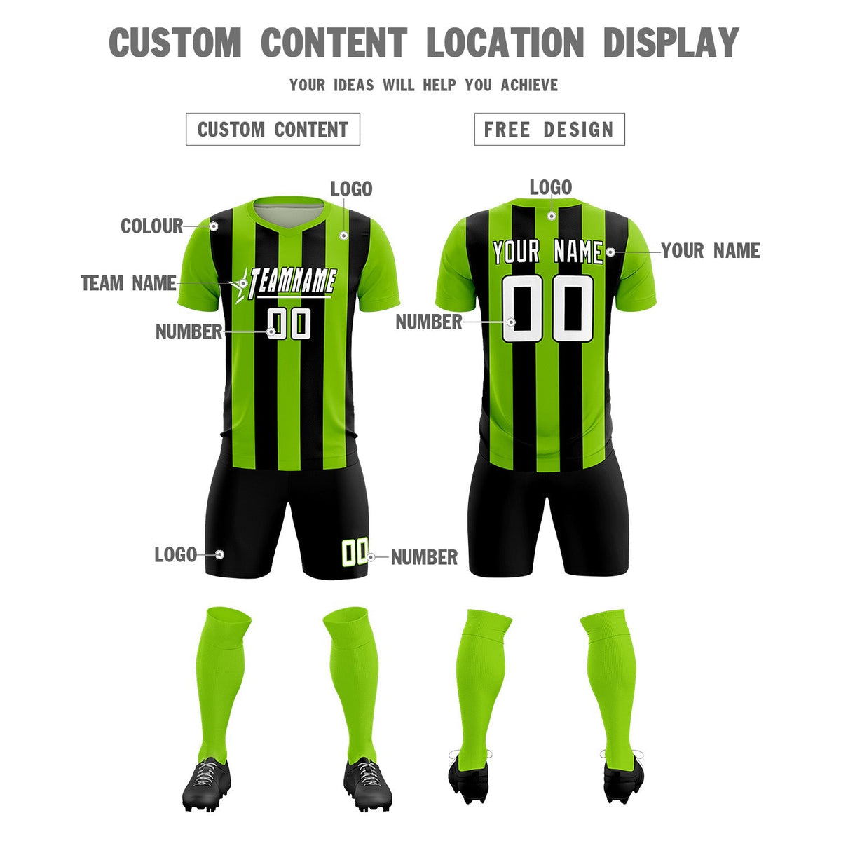 Custom Neon Green Black Vertical Stripes Casual Outdoor Football Kits Jersey