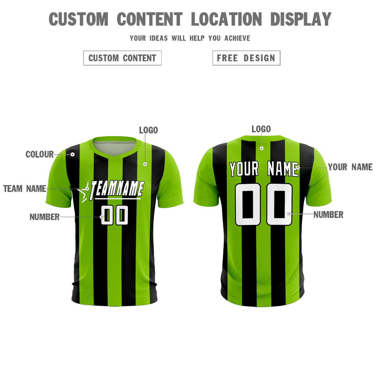 Custom Neon Green Black Vertical Stripes Casual Outdoor Football Kits Jersey