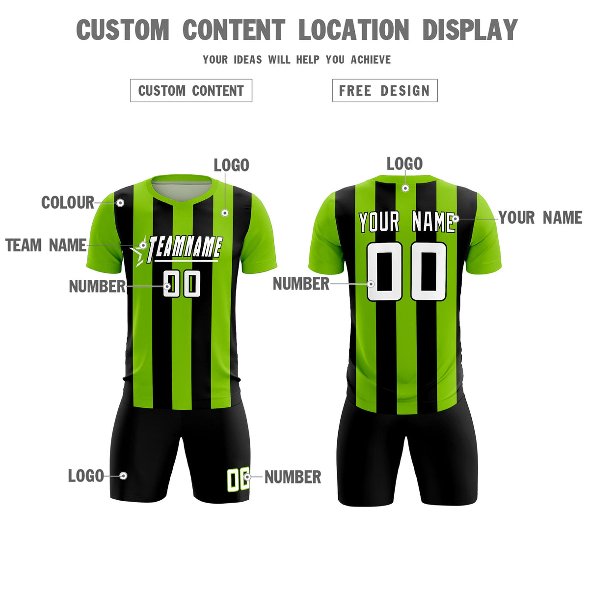 Custom Neon Green Black Vertical Stripes Casual Outdoor Football Kits Jersey