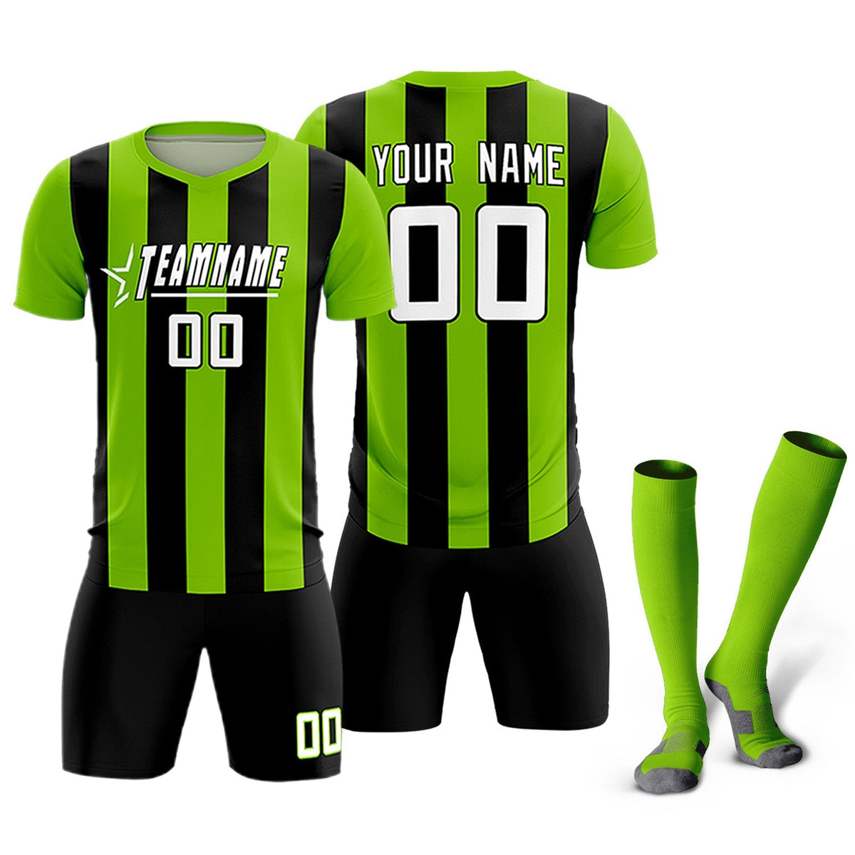 Custom Neon Green Black Vertical Stripes Casual Outdoor Football Kits Jersey