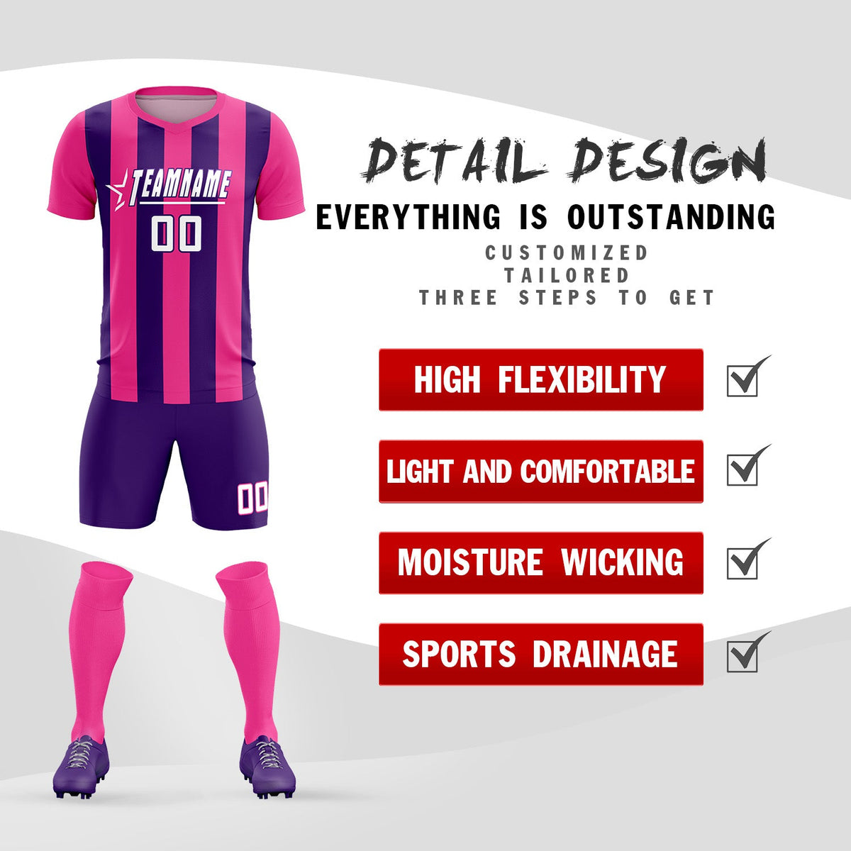 Custom Pink Purple Vertical Stripes Casual Outdoor Football Kits Jersey