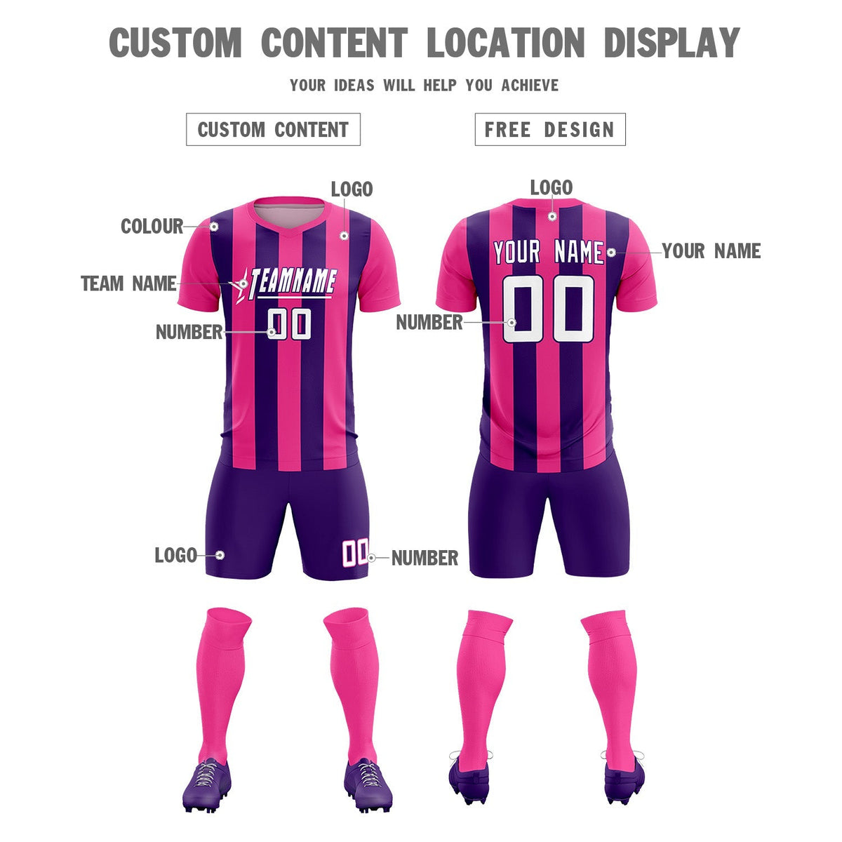 Custom Pink Purple Vertical Stripes Casual Outdoor Football Kits Jersey
