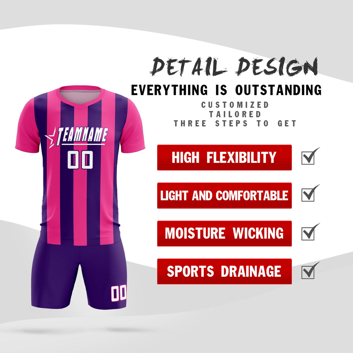 Custom Pink Purple Vertical Stripes Casual Outdoor Football Kits Jersey