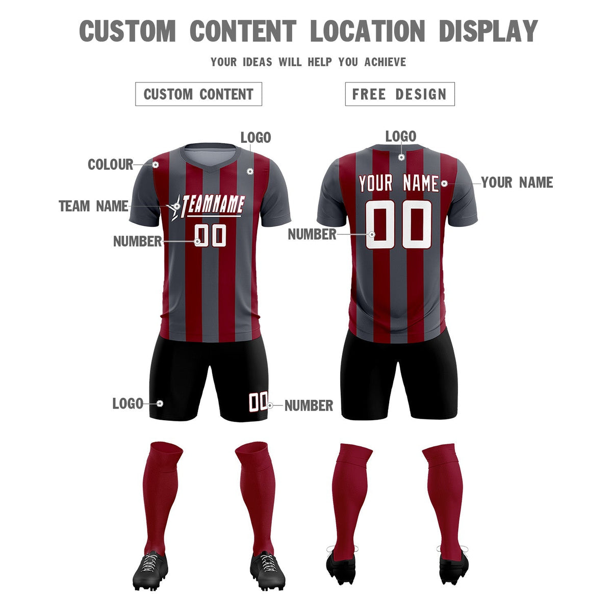 Custom Dark Gray Crimson Vertical Stripes Casual Outdoor Football Kits Jersey