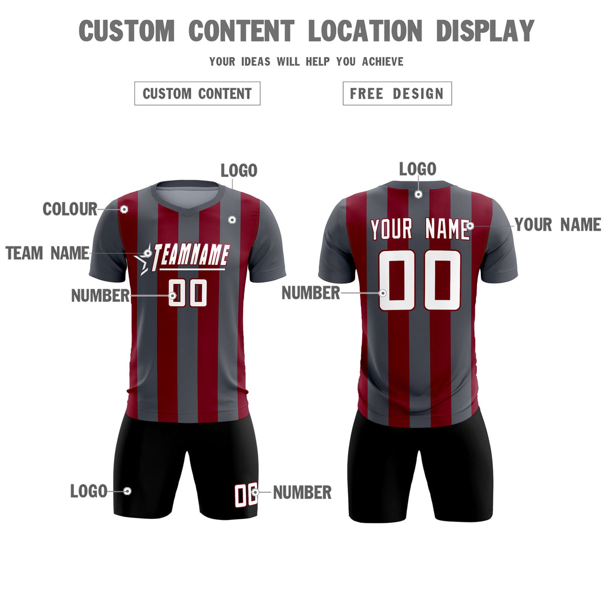 Custom Dark Gray Crimson Vertical Stripes Casual Outdoor Football Kits Jersey