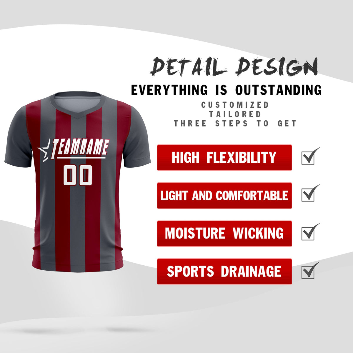 Custom Dark Gray Crimson Vertical Stripes Casual Outdoor Football Kits Jersey