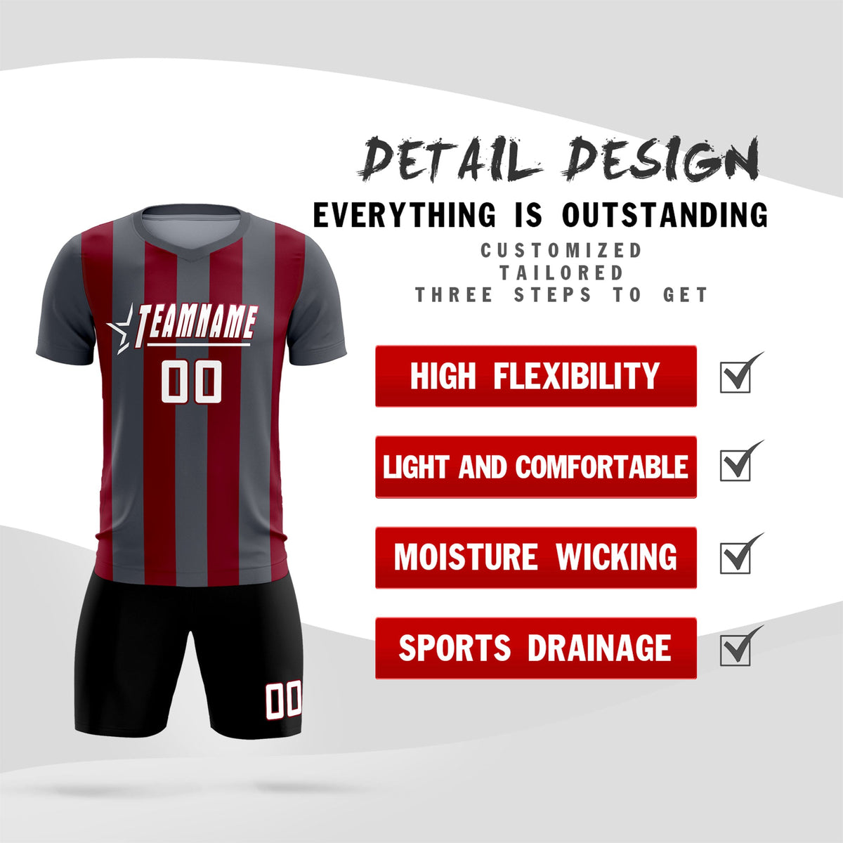 Custom Dark Gray Crimson Vertical Stripes Casual Outdoor Football Kits Jersey