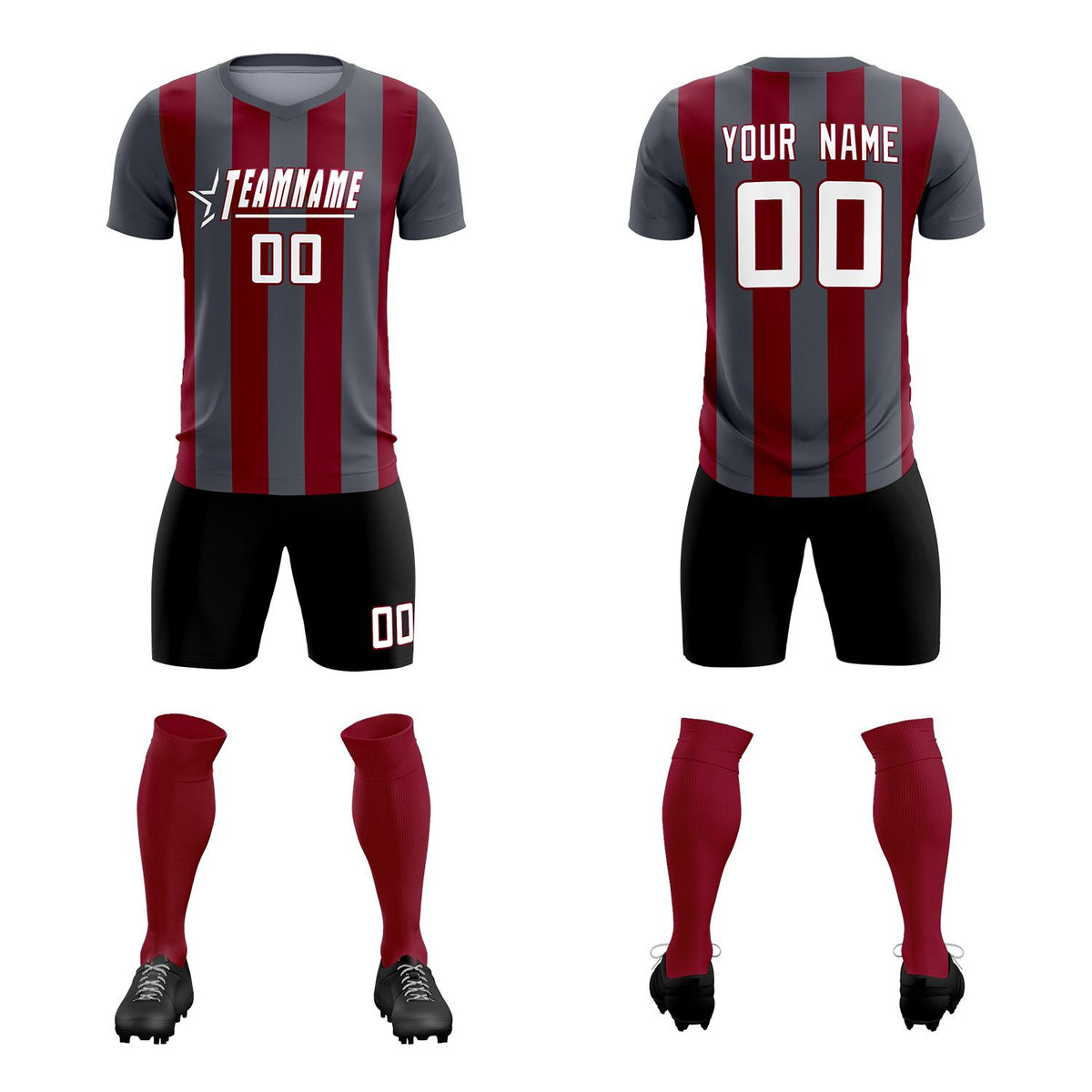 Custom Dark Gray Crimson Vertical Stripes Casual Outdoor Football Kits Jersey
