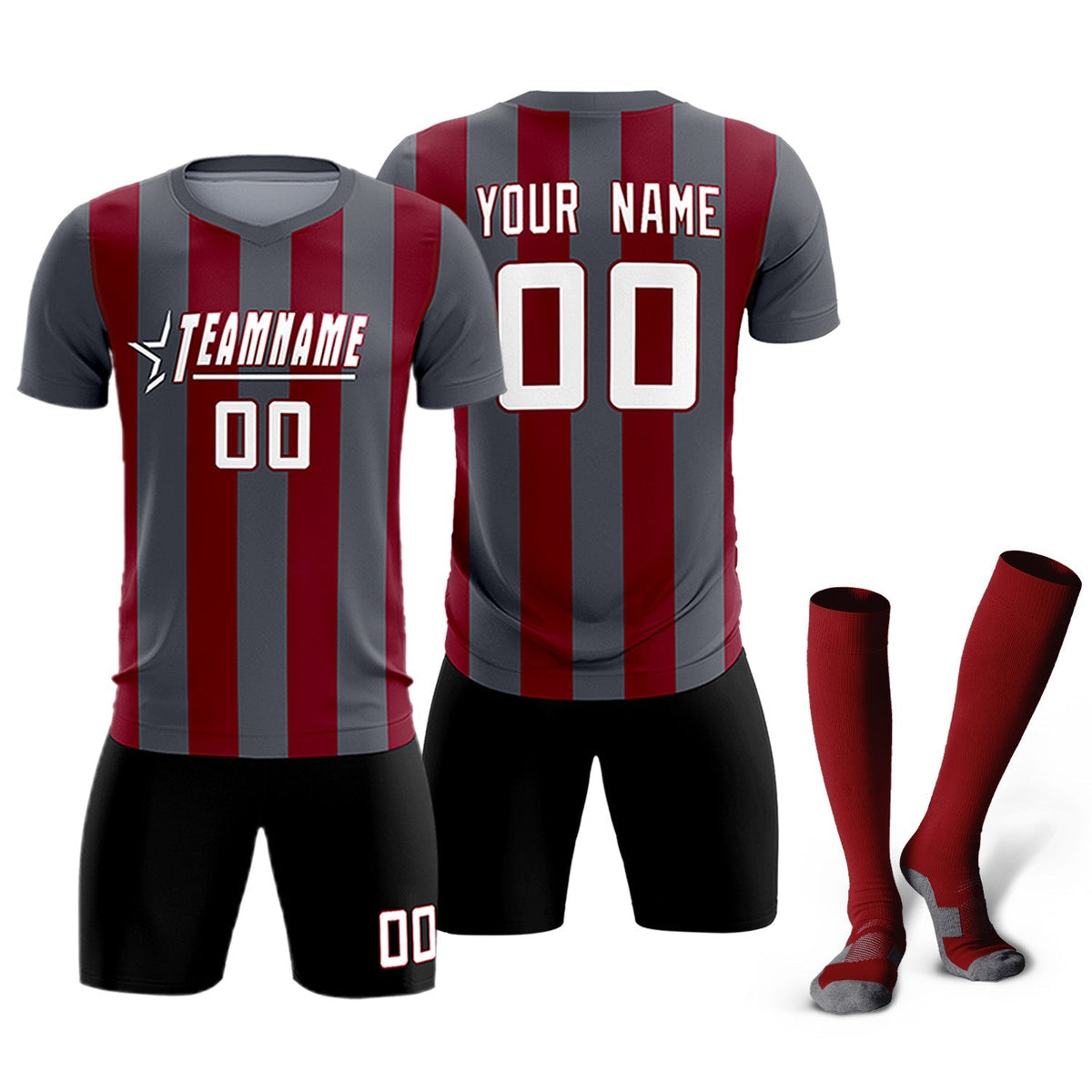 Custom Dark Gray Crimson Vertical Stripes Casual Outdoor Football Kits Jersey