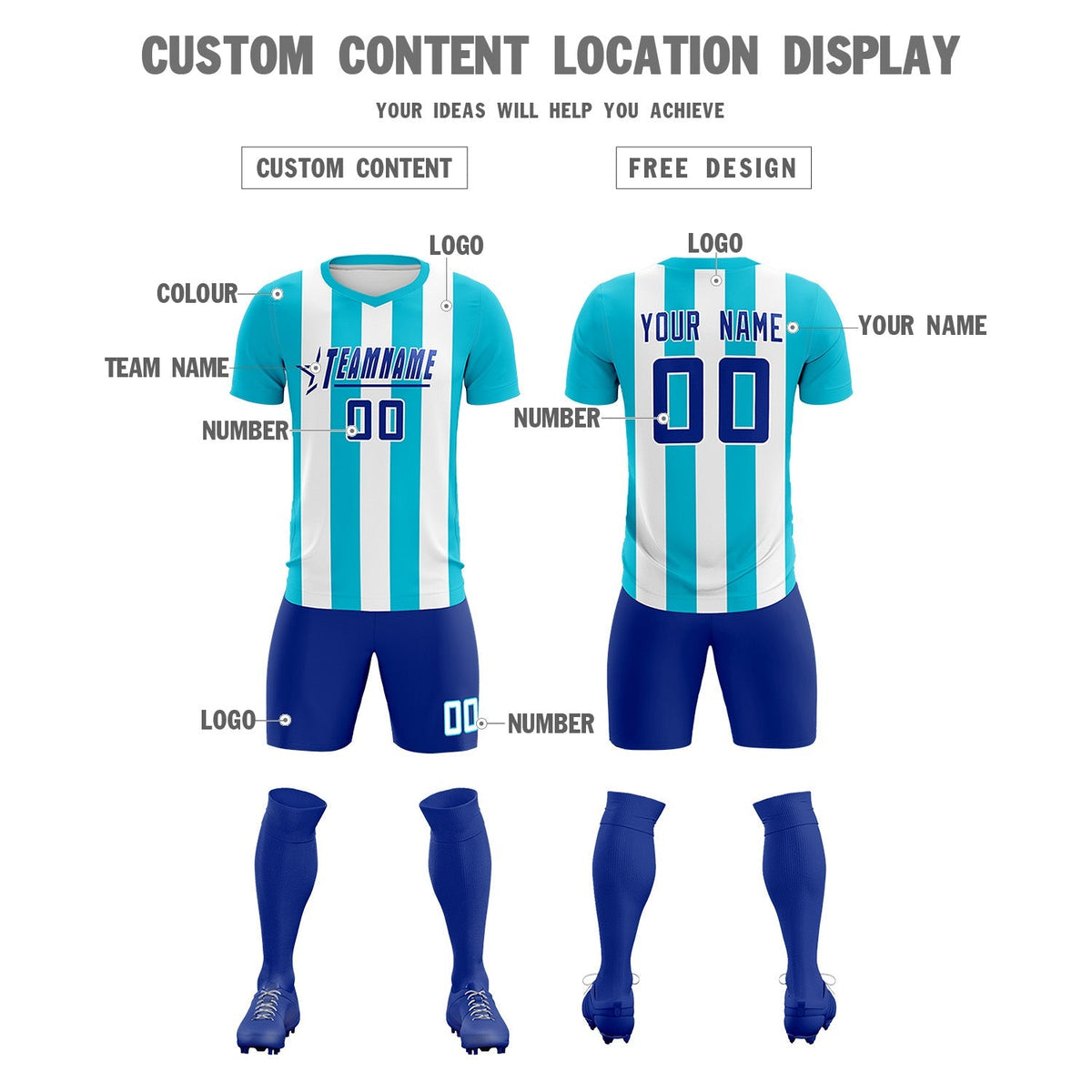 Custom White Sky Blue Vertical Stripes Casual Outdoor Football Kits Jersey