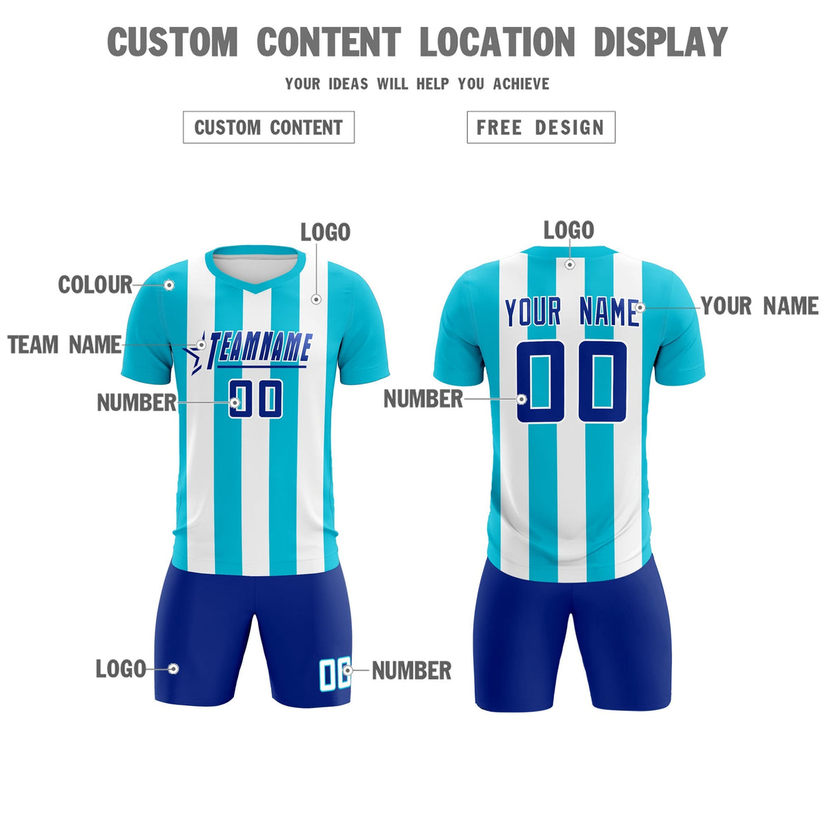 Custom White Sky Blue Vertical Stripes Casual Outdoor Football Kits Jersey