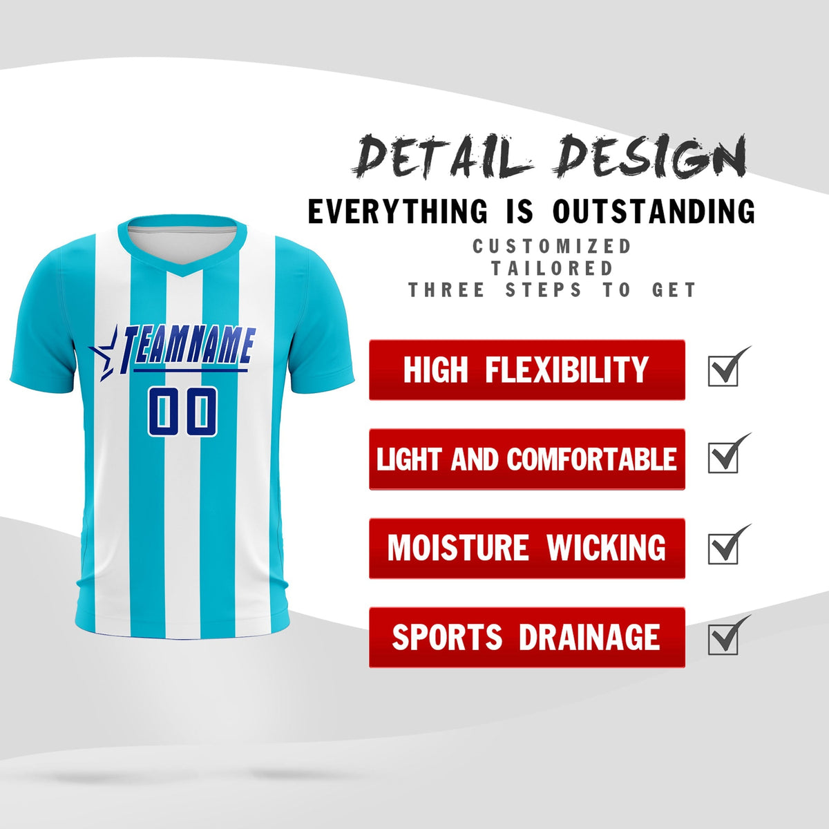 Custom White Sky Blue Vertical Stripes Casual Outdoor Football Kits Jersey