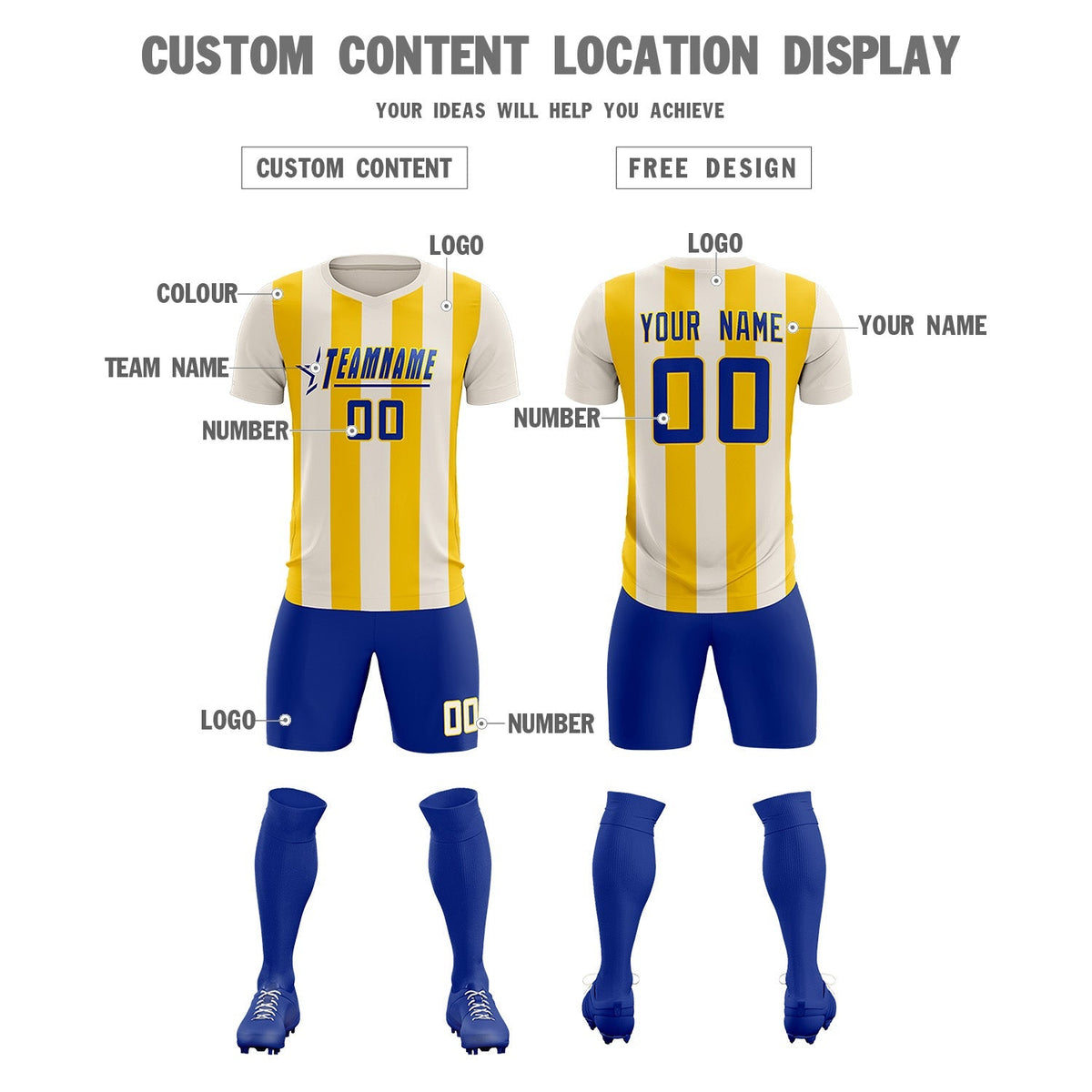 Custom Cream Gold Vertical Stripes Casual Outdoor Football Kits Jersey