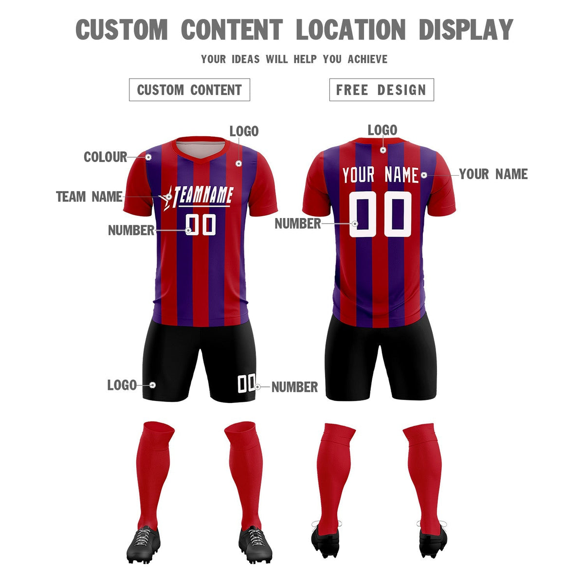 Custom Red Purple Vertical Stripes Casual Outdoor Football Kits Jersey