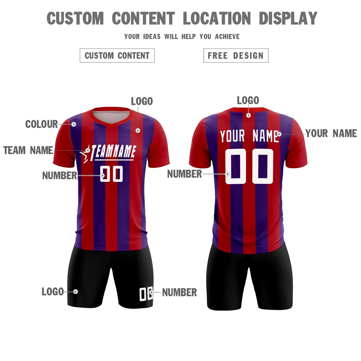 Custom Red Purple Vertical Stripes Casual Outdoor Football Kits Jersey