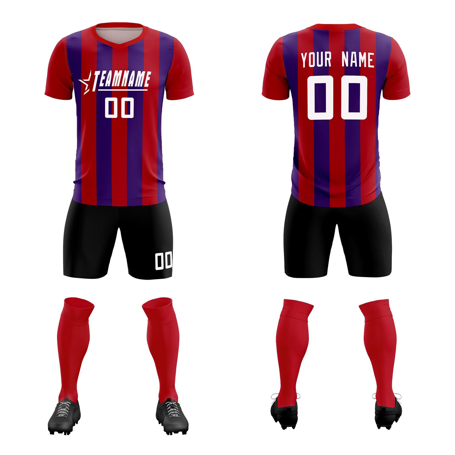 Custom Red Purple Vertical Stripes Casual Outdoor Football Kits Jersey